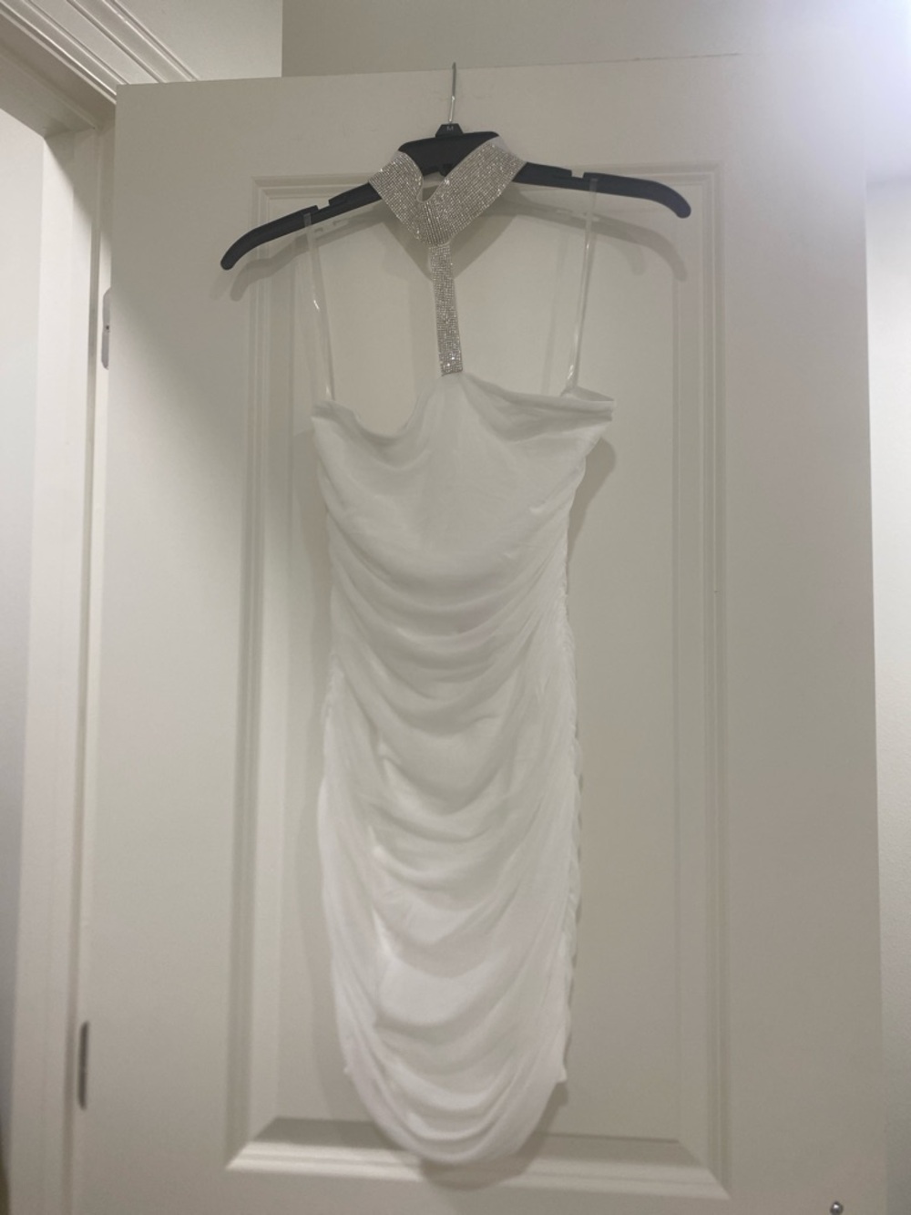 privy White Strapless Ruched Bodycon Dress with Rhinestone Halter Detail